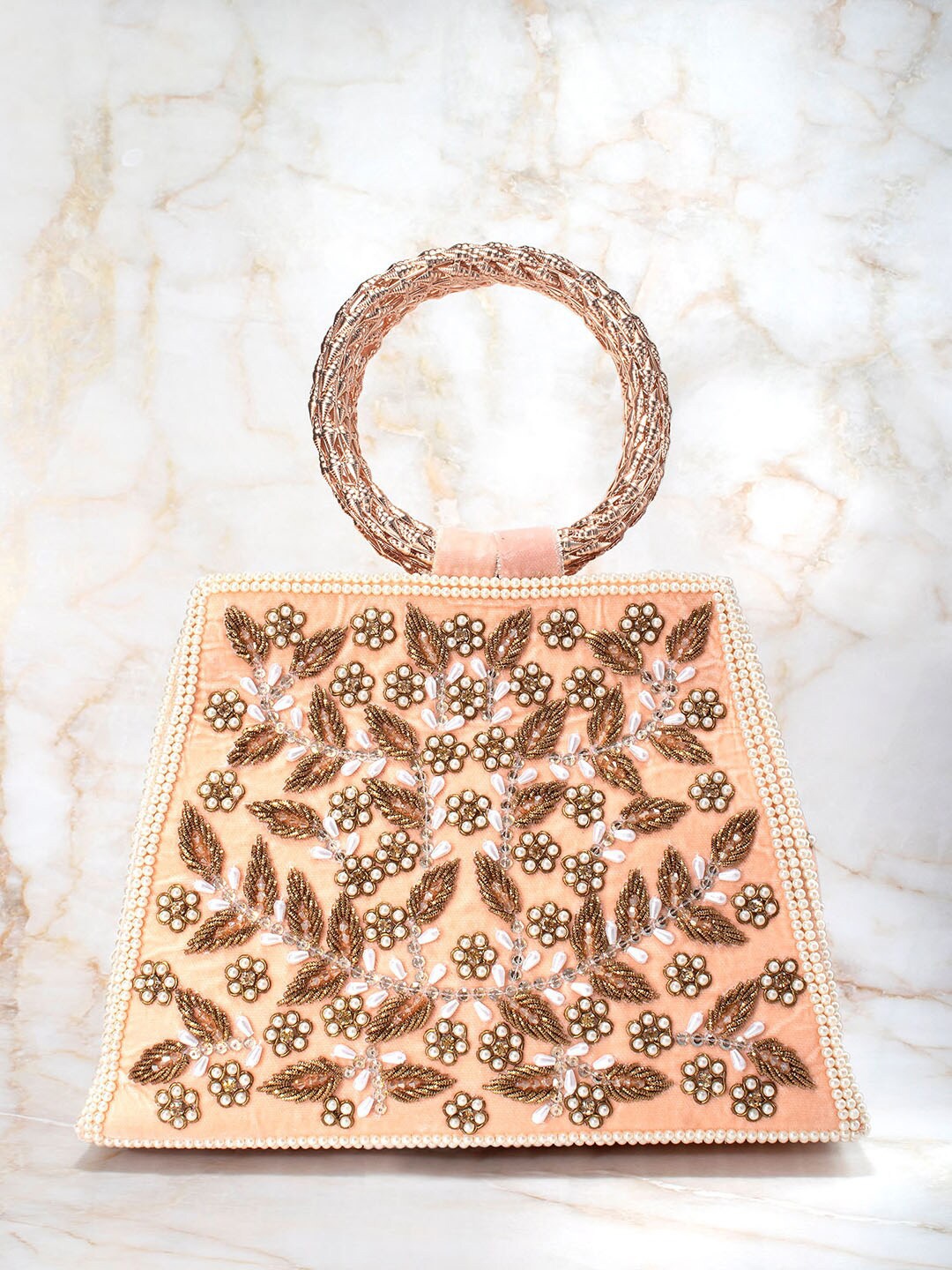 

Peora Peach-Coloured & Copper-Toned Embellished Box Clutch