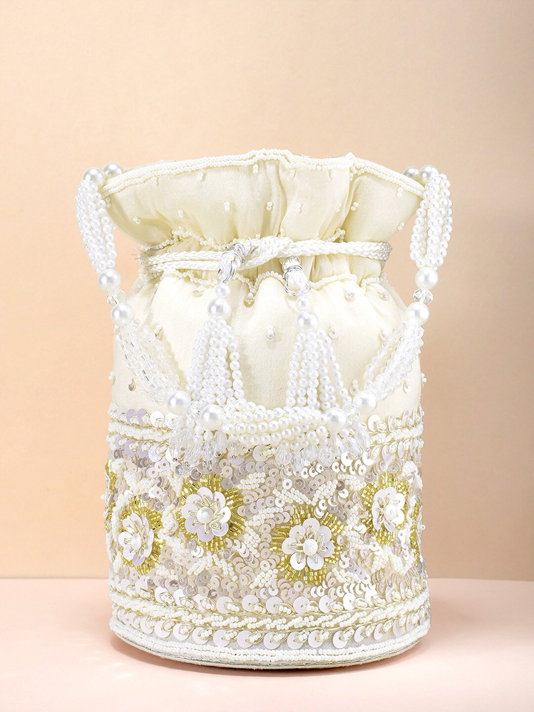 

Peora White & Silver-Toned Embroidered Potli Clutch