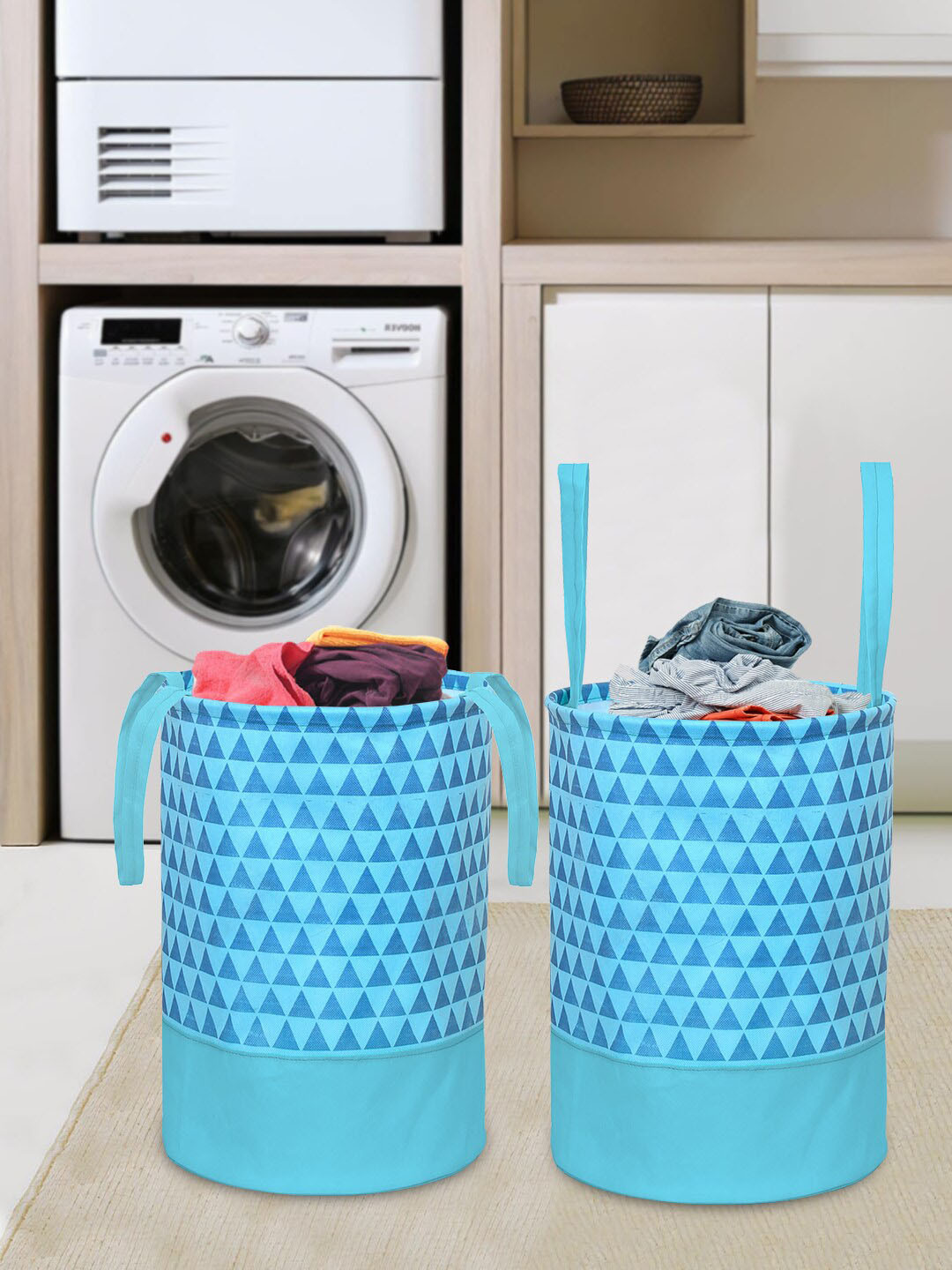 

Prettykrafts Set of 2 Blue Printed Foldable Round Laundry Bag With Handles