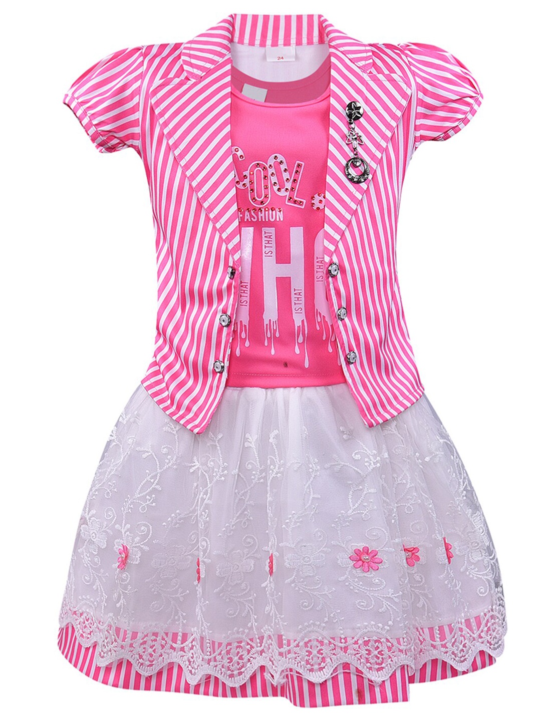 

Wish Karo Girls Pink & White Striped Top with Skirt