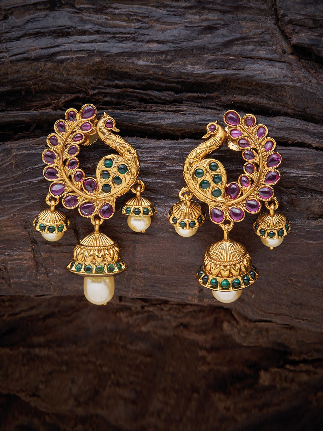 

Kushal's Fashion Jewellery Red Peacock Shaped Jhumkas Earrings
