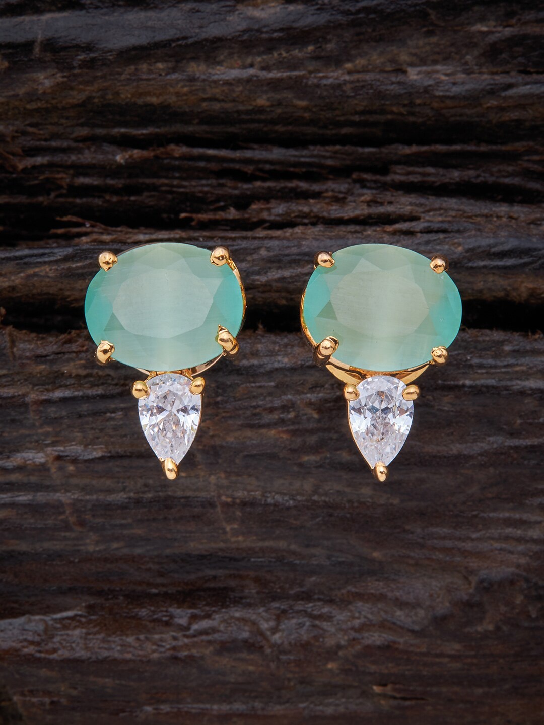 

Kushal's Fashion Jewellery Sea Green Gold Plated CZ Oval Studs Earrings
