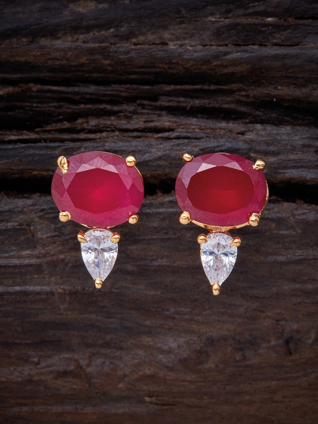 

Kushal's Fashion Jewellery Red Gold Plated CZ Oval Studs Earrings