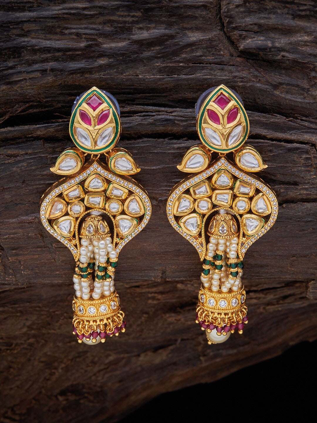 

Kushal's Fashion Jewellery Red Kundan Contemporary Drop Earrings