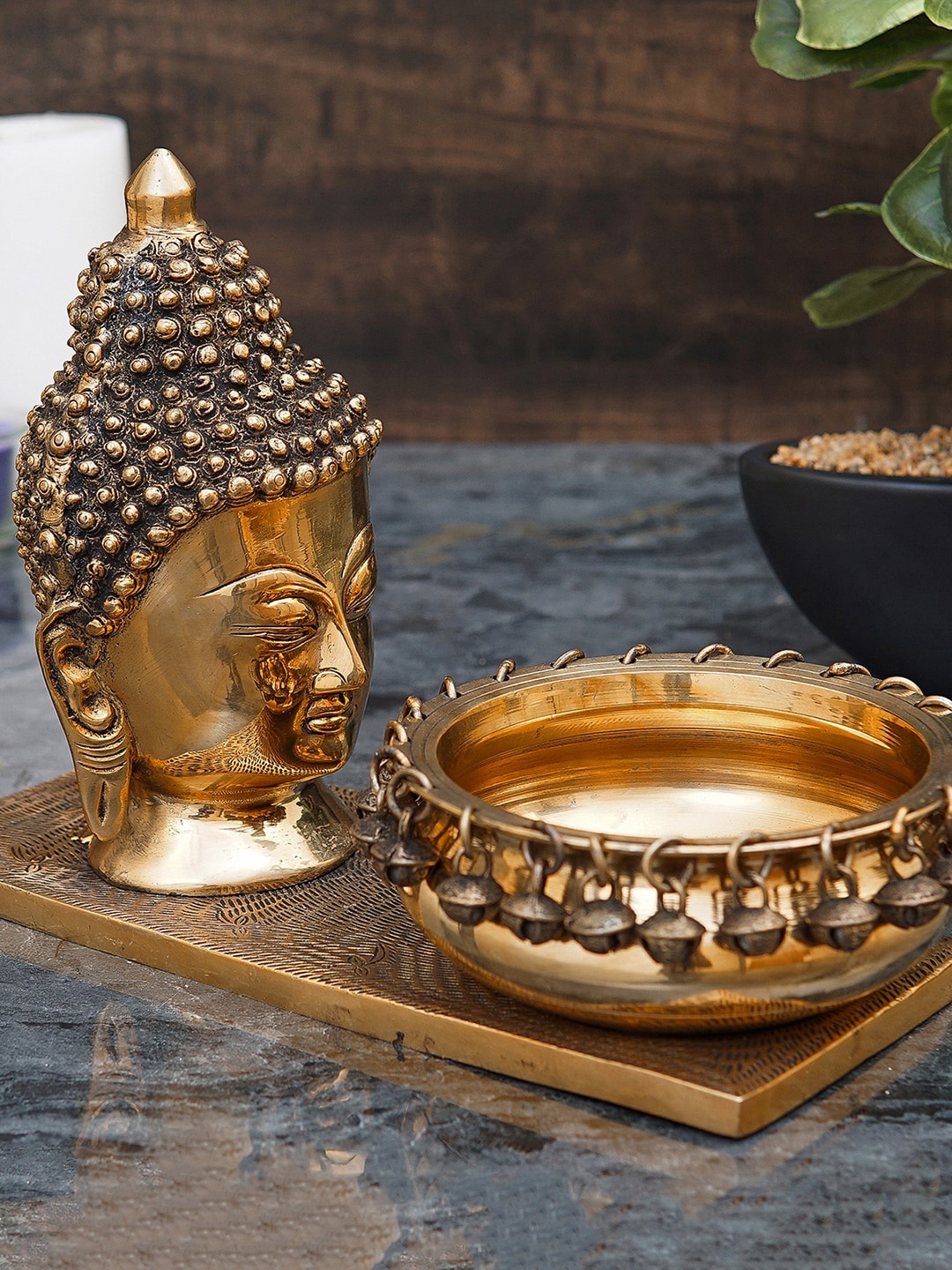 

StatueStudio Bronze Buddha Head With Urli Bowl Showpiece