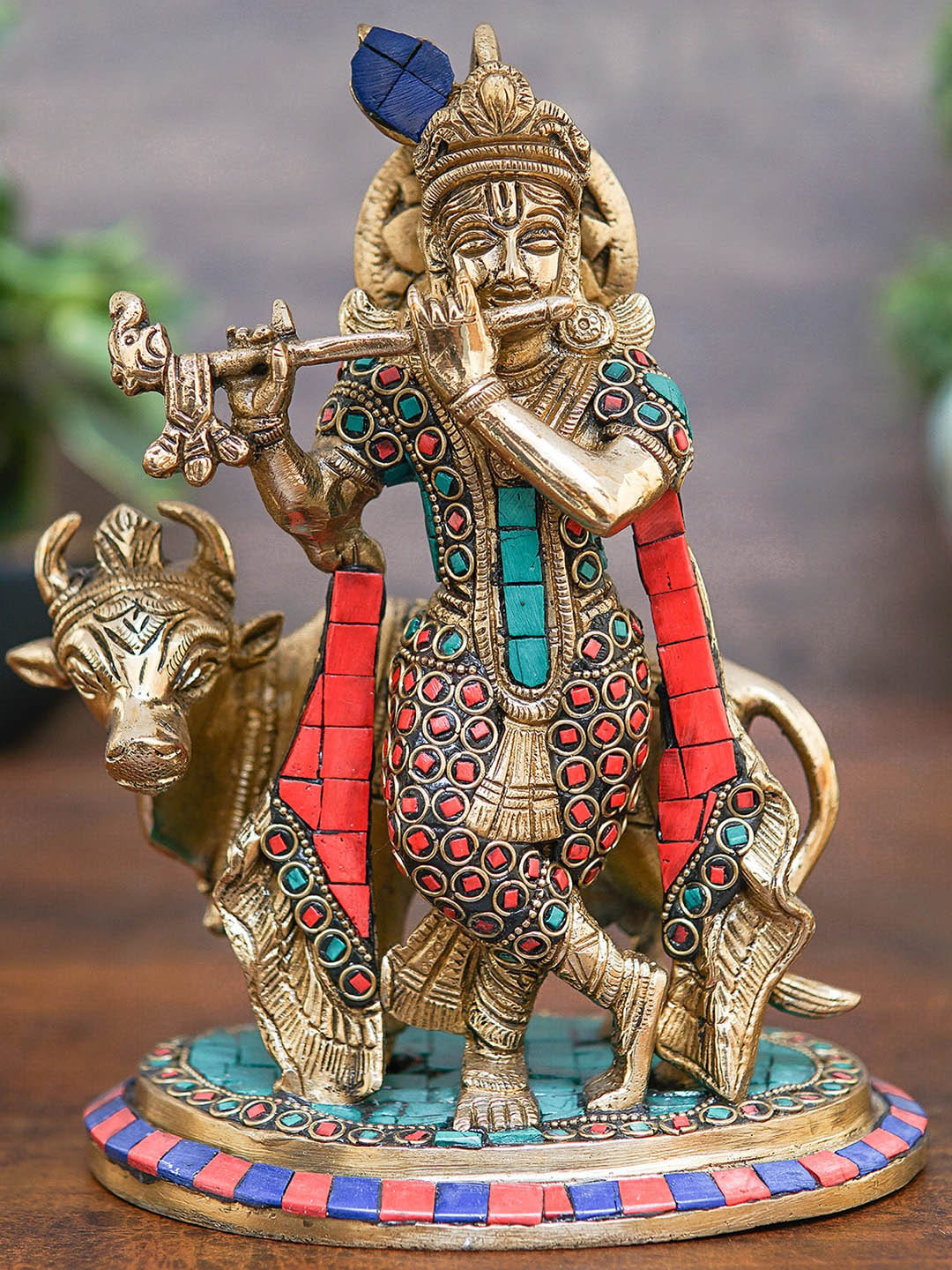 

StatueStudio Gold-Toned & Red Krishna With Cow Showpiece