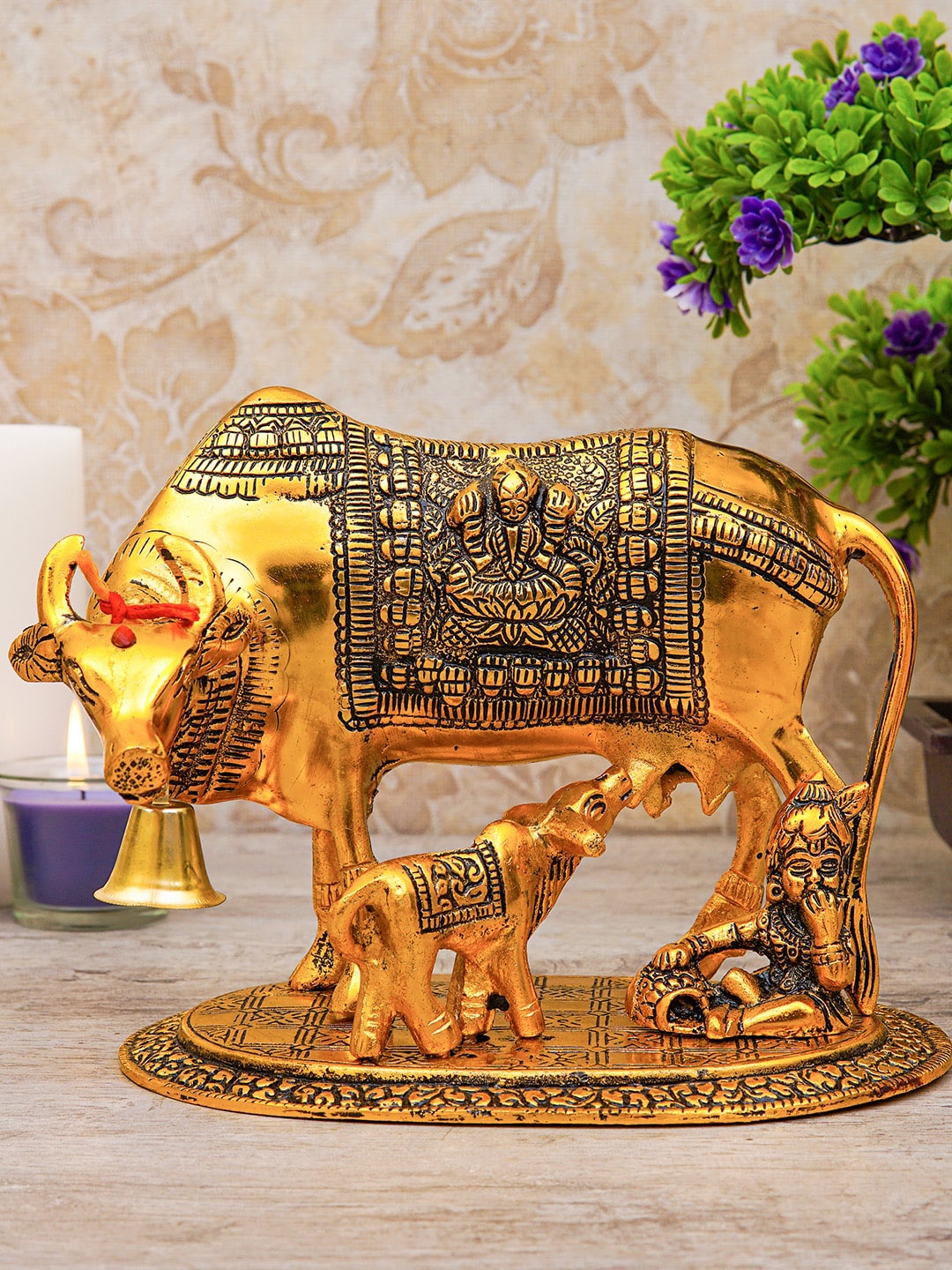 

StatueStudio Gold Toned Metal Oxidised Holy Cow Idol Showpiece