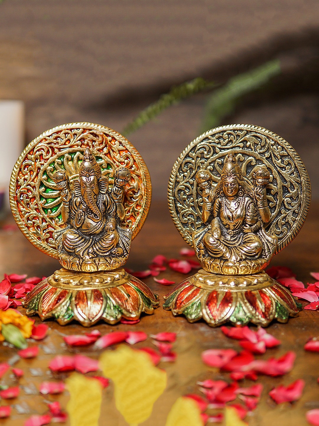 

StatueStudio Gold-Toned & Red Metal Oxidised Ganesha Lakshmi Idol Showpieces