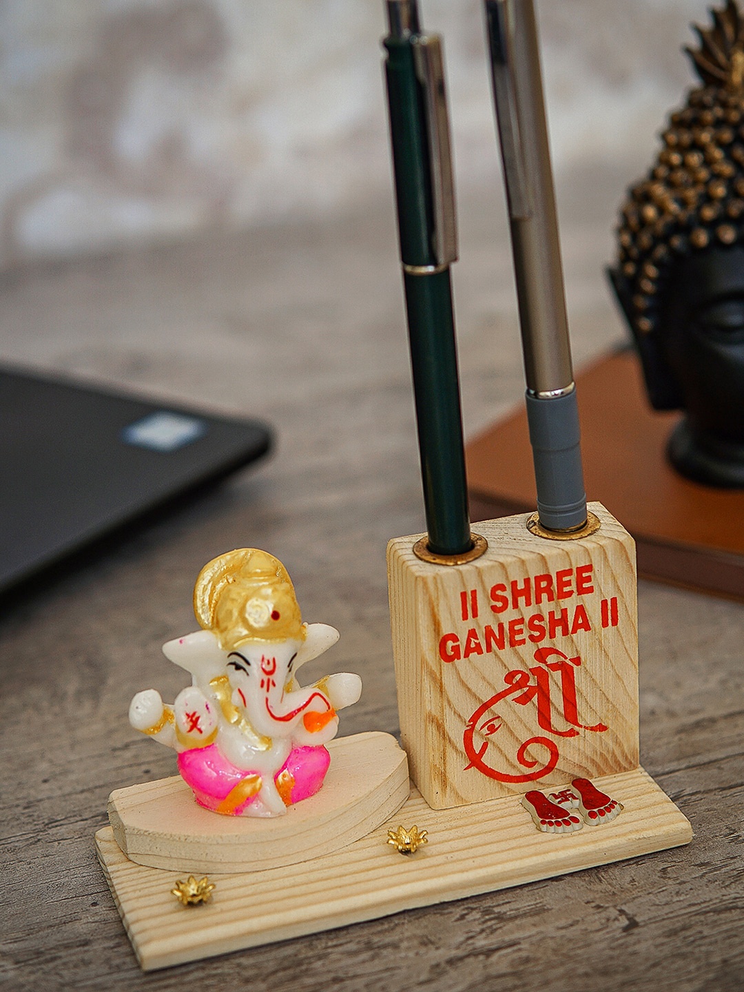

StatueStudio Beige & White Ganesha Statue On Wooden Showpiece With Pen Holder