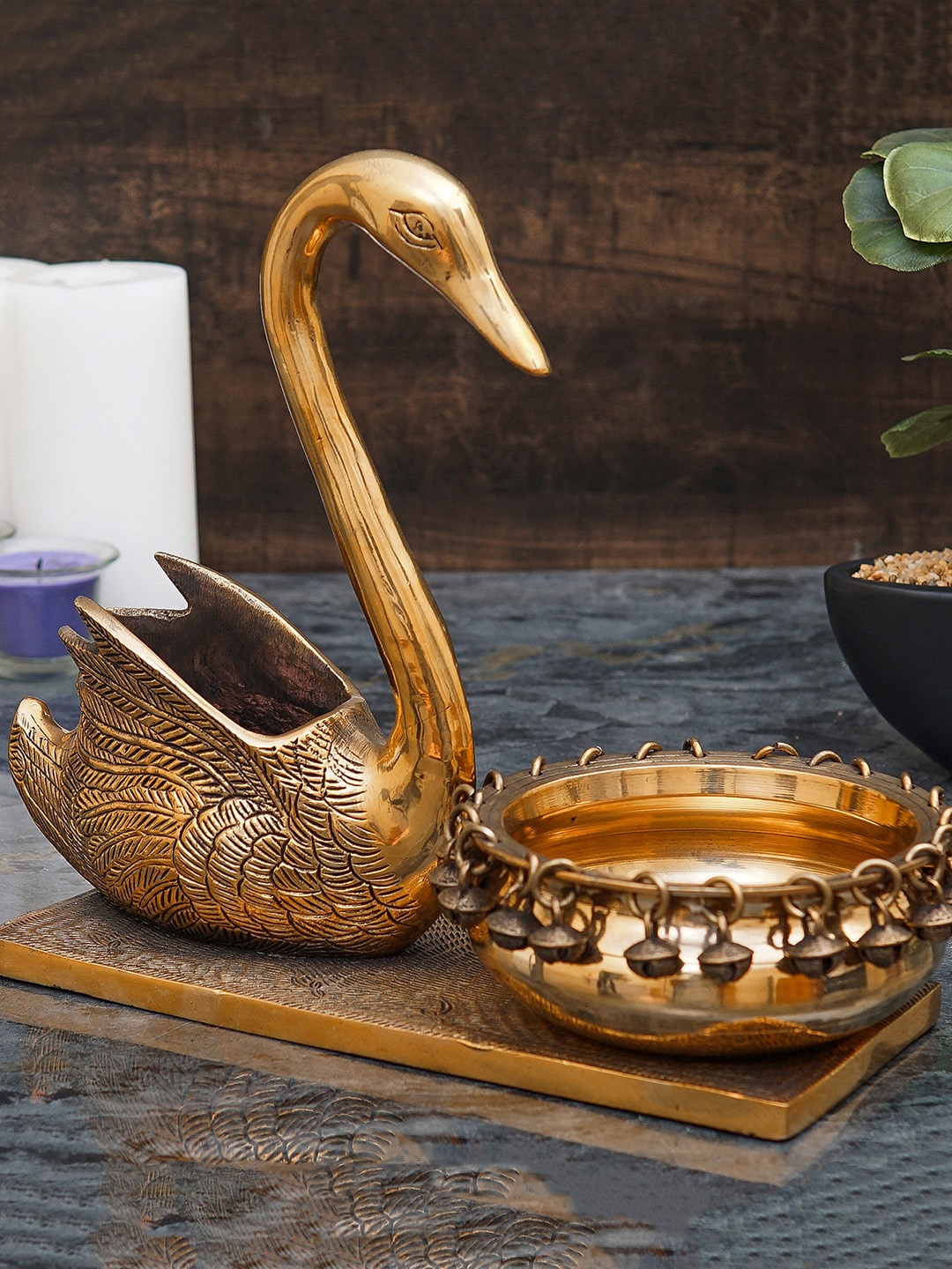 

StatueStudio Bronze Swan Showpiece With Urli Bowl