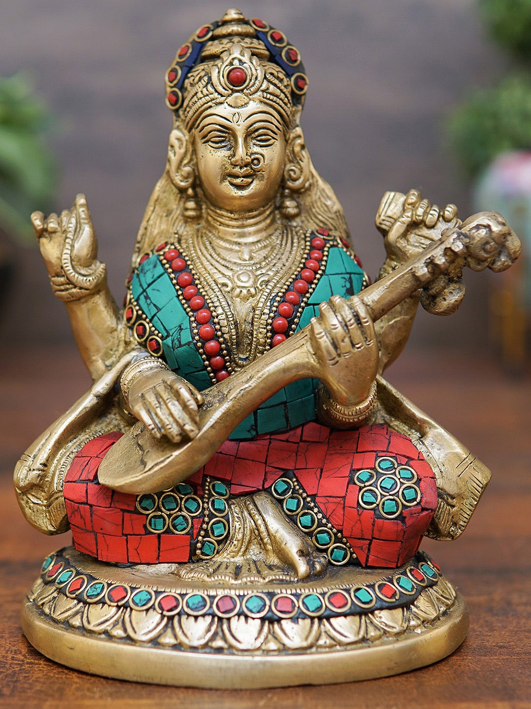 

StatueStudio Copper Toned & Red Saraswati Statue Showpiece