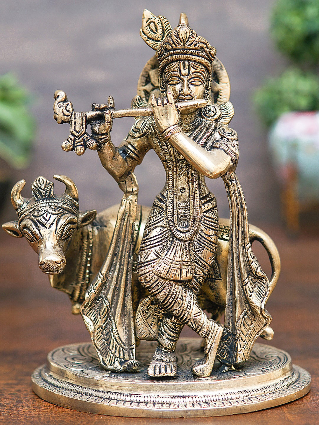 

StatueStudio Bronze Krishna With Cow Idol Showpiece