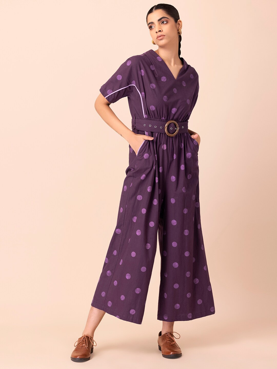 

Earthen BY INDYA Purple Printed Pure Cotton Belted Basic Jumpsuit