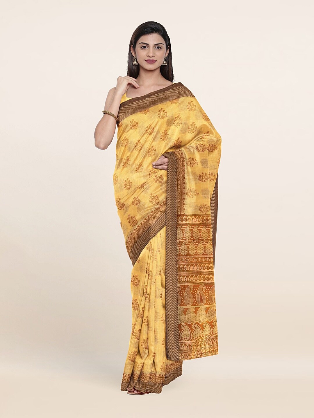 

Pothys Yellow & Brown Ethnic Motifs Printed Cotton Blend Saree