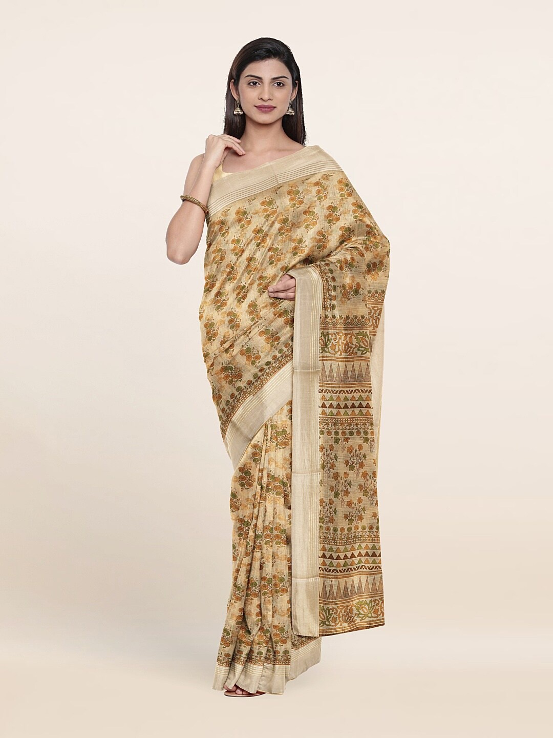 

Pothys Cream-Coloured & Green Floral Printed Cotton Blend Saree