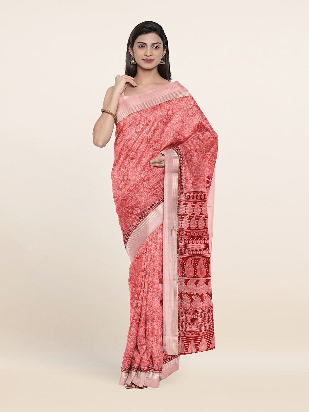 

Pothys Pink & Red Paisley Zari Saree