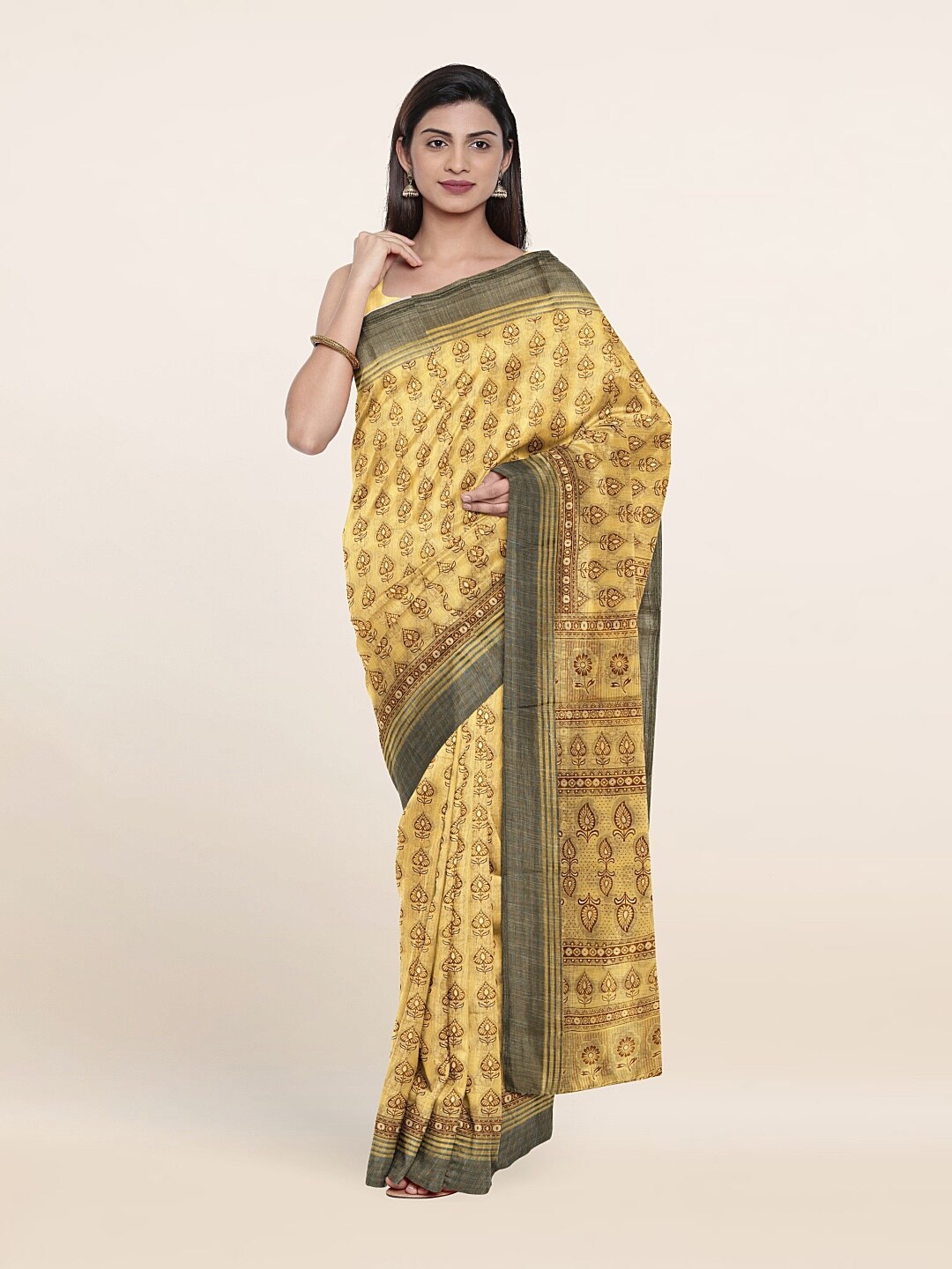 

Pothys Yellow & Green Printed Cotton Blend Saree