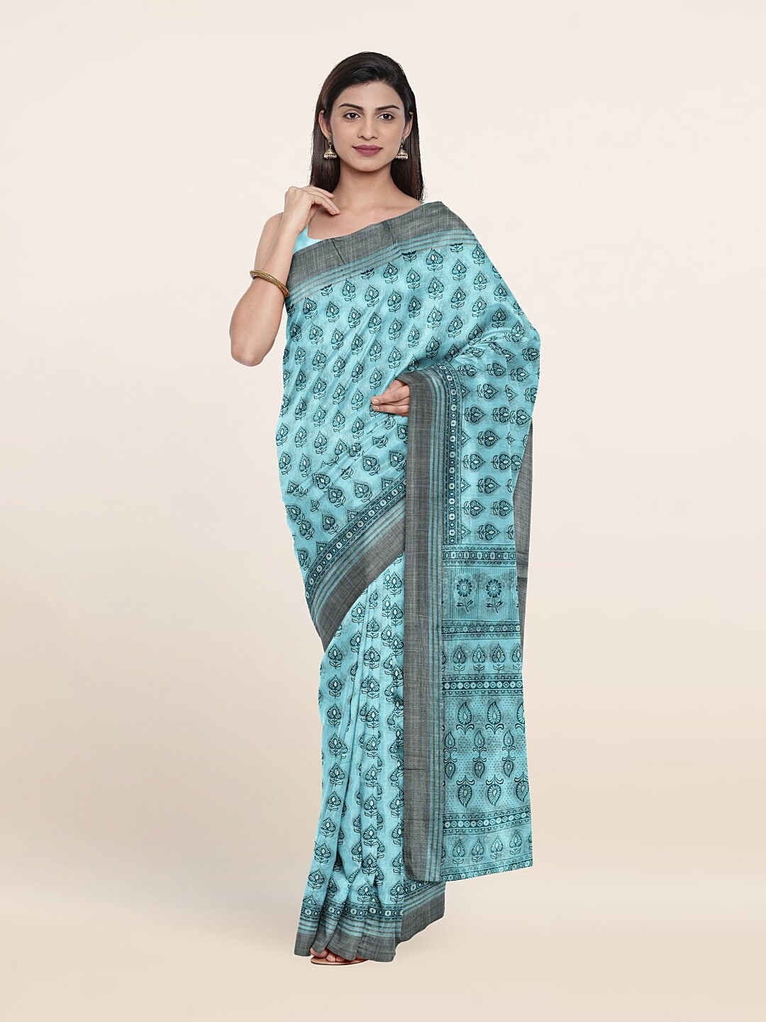 

Pothys Blue & Grey Ethnic Motifs Cotton Blend Saree