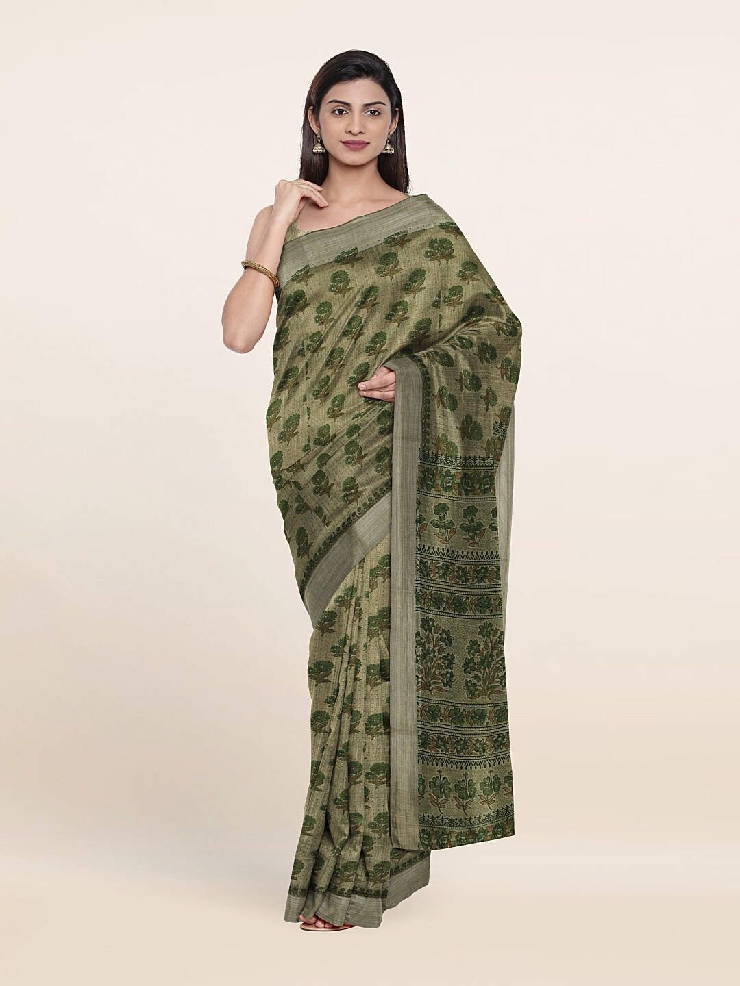 

Pothys Olive Green & Brown Floral Printed Cotton Blend Saree