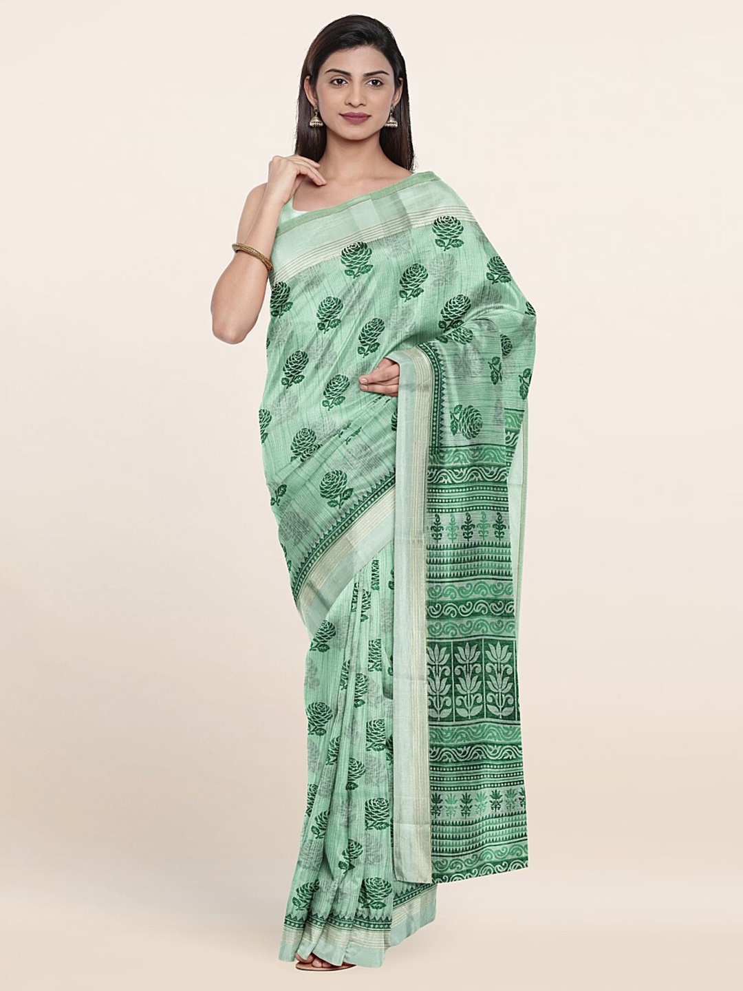 

Pothys Green & Grey Ethnic Motifs Printed Cotton Blend Saree