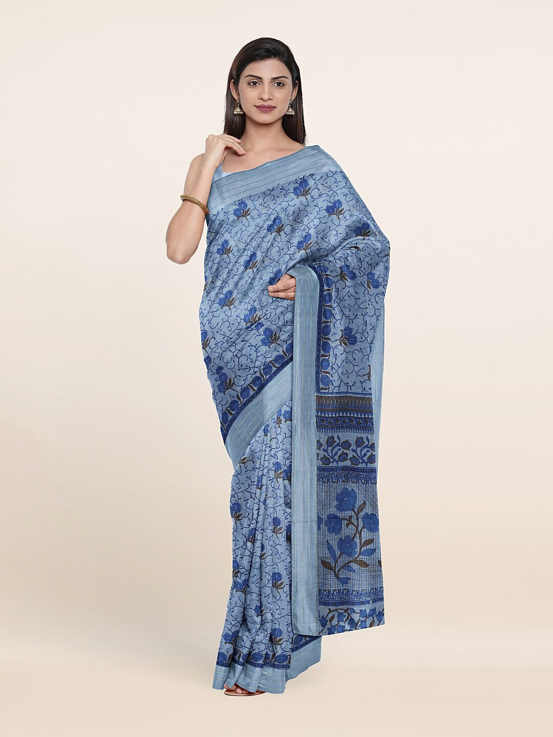 

Pothys Blue & Brown Floral Printed Saree