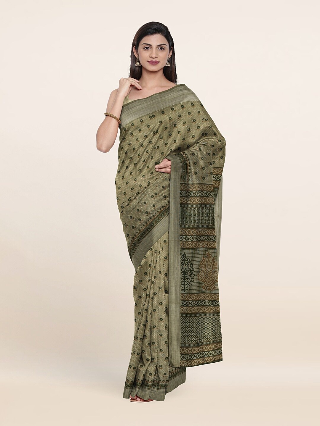 

Pothys Green & Brown Floral Saree