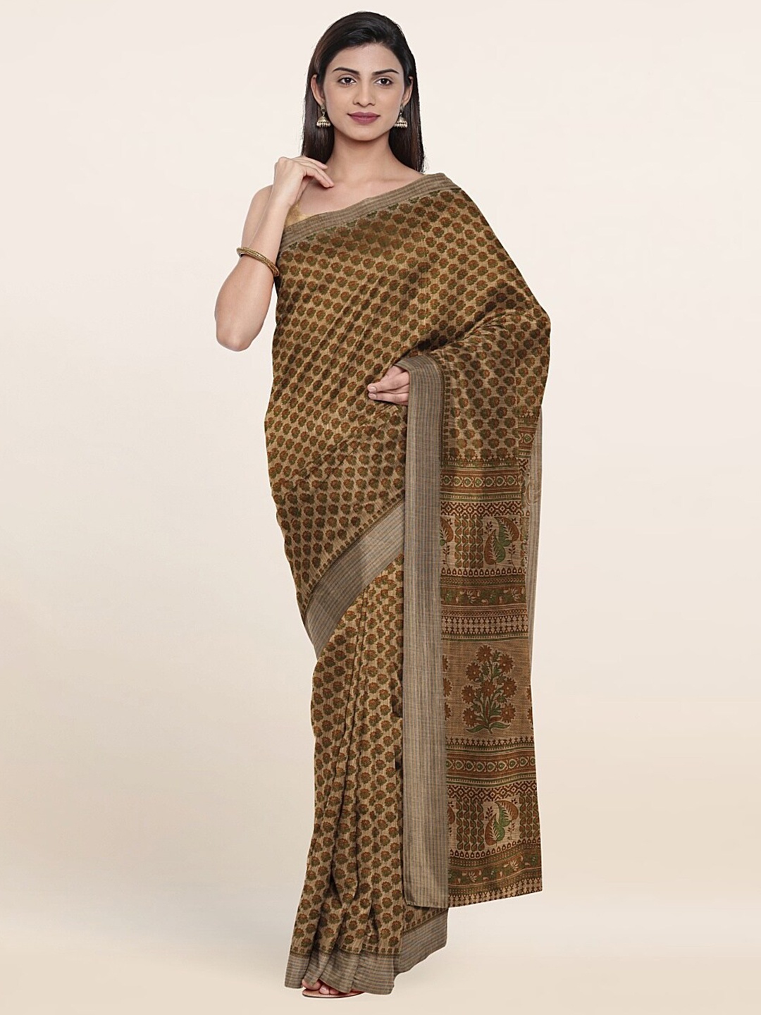 

Pothys Tan & Green Floral Printed Zari Saree