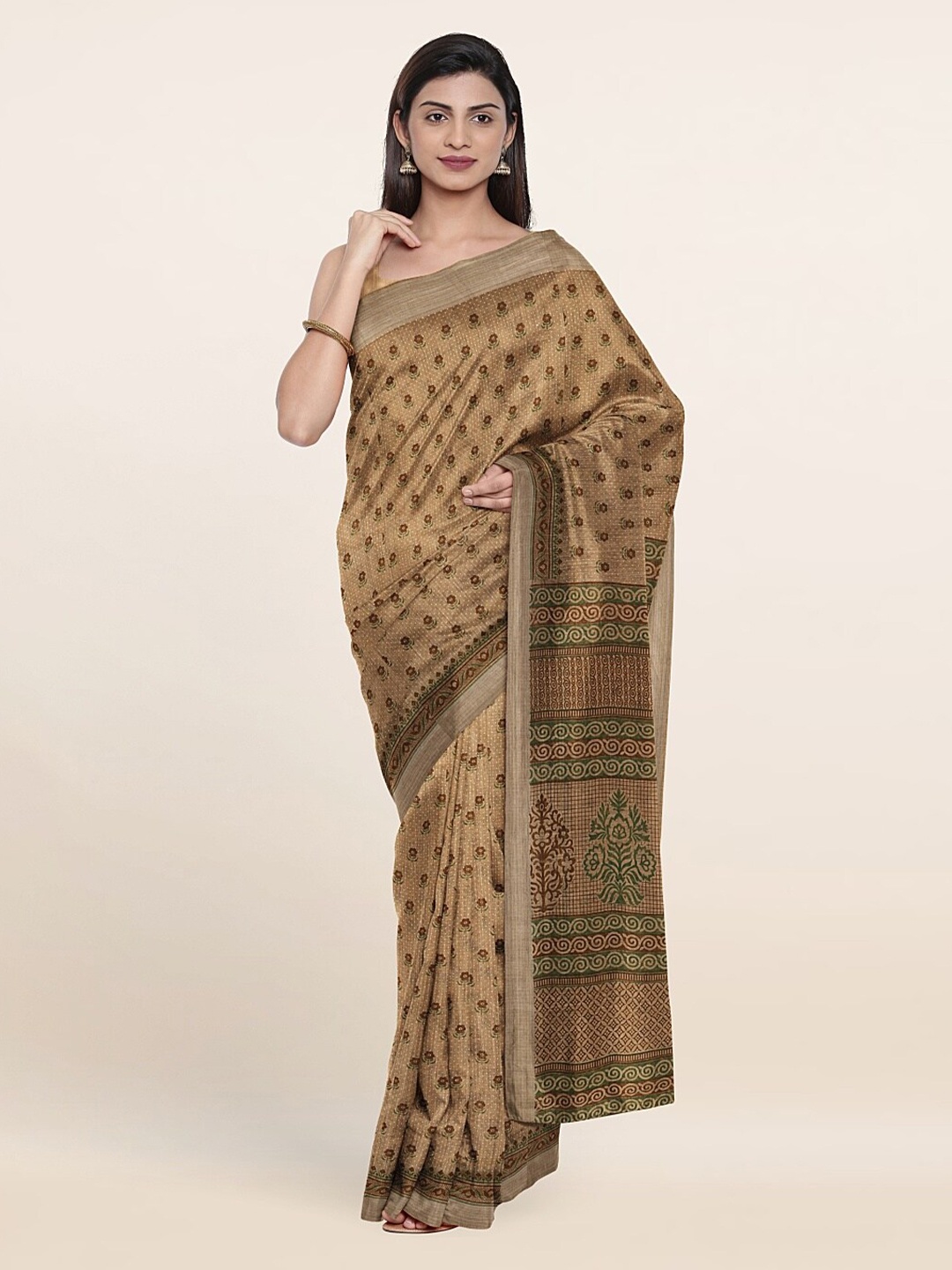 

Pothys Brown & Green Ethnic Motifs Saree