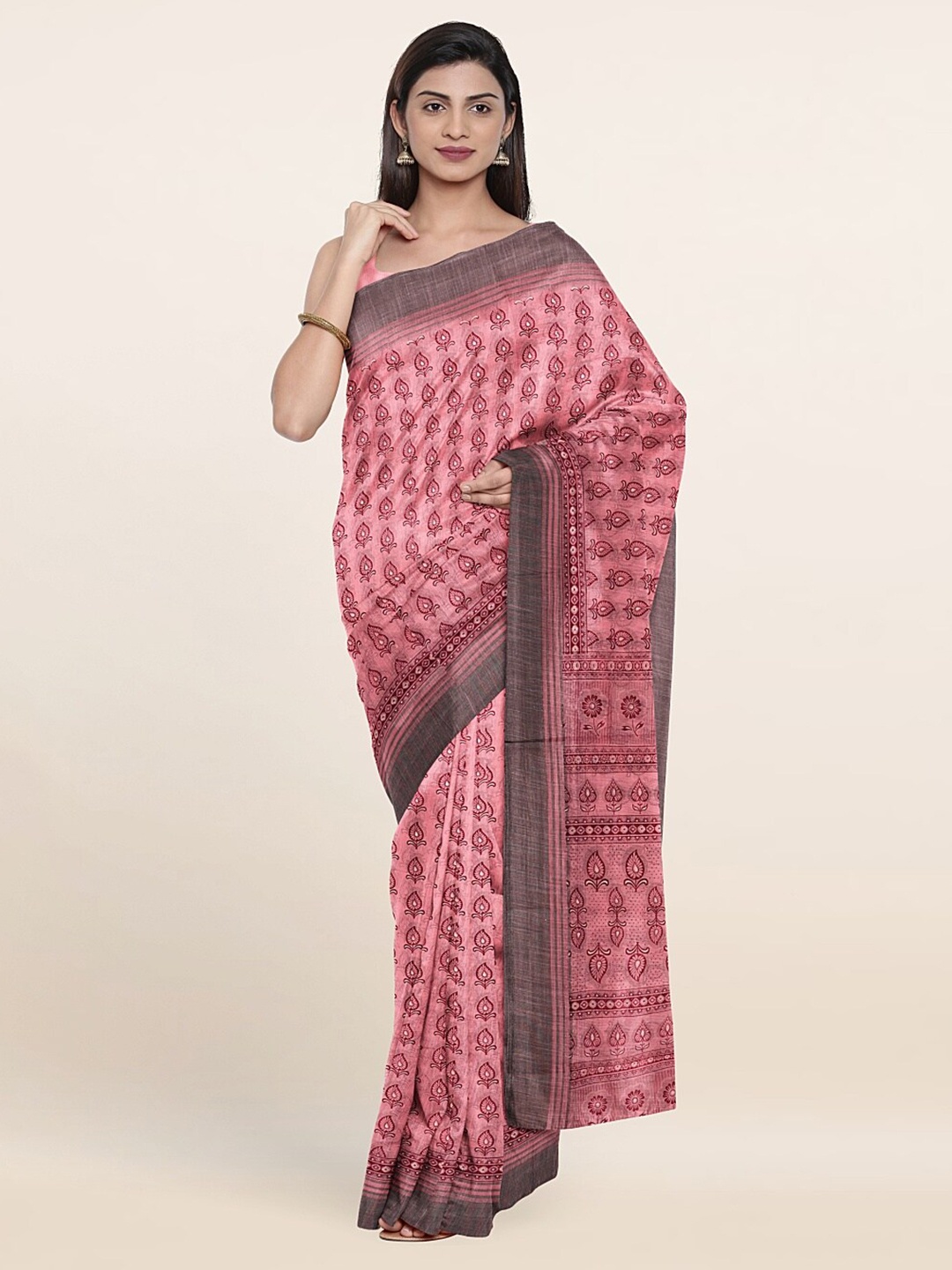 

Pothys Pink & Grey Ethnic Motifs Printed Cotton Blend Saree