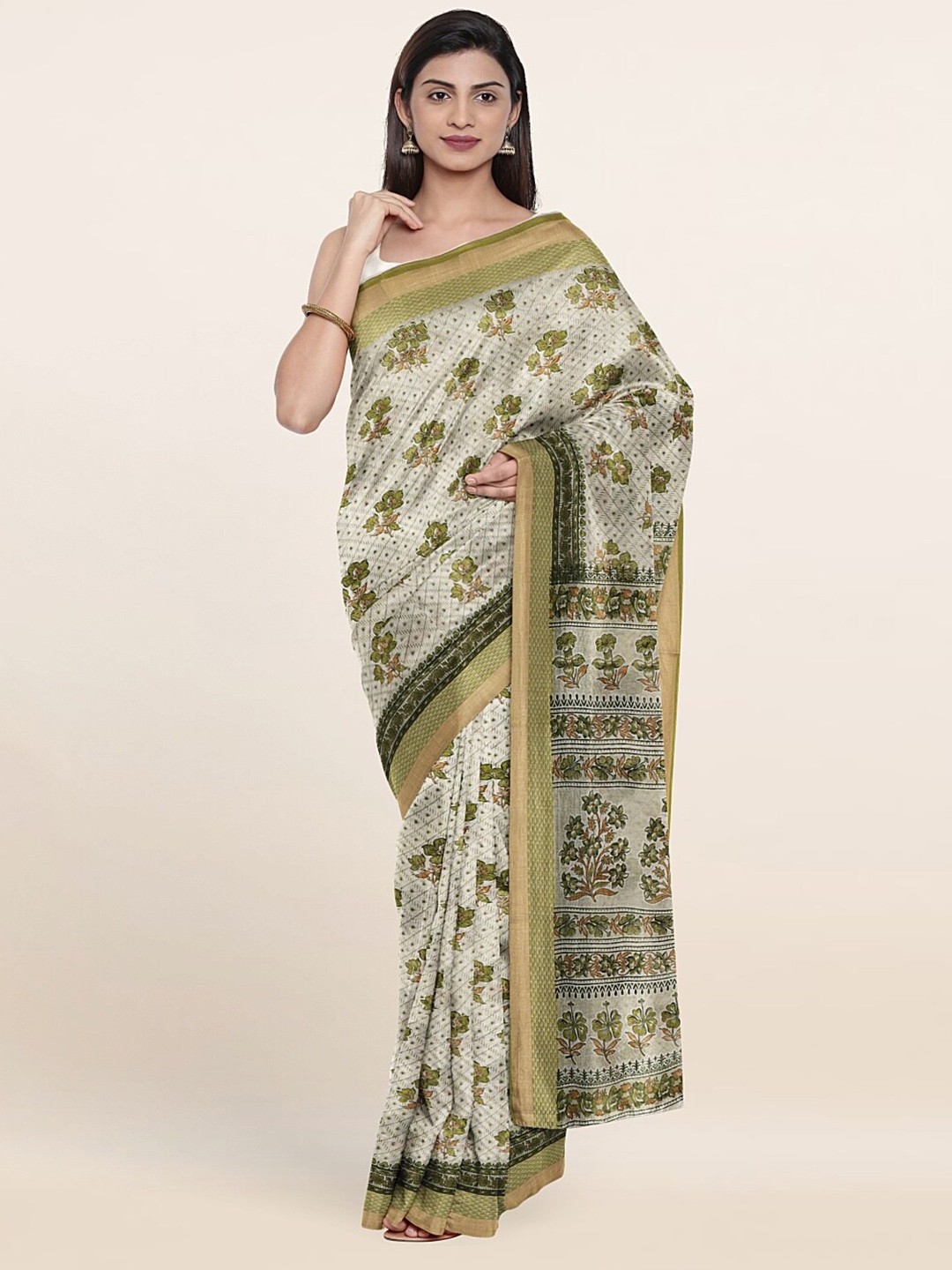 

Pothys Off White & Green Floral Printed Saree