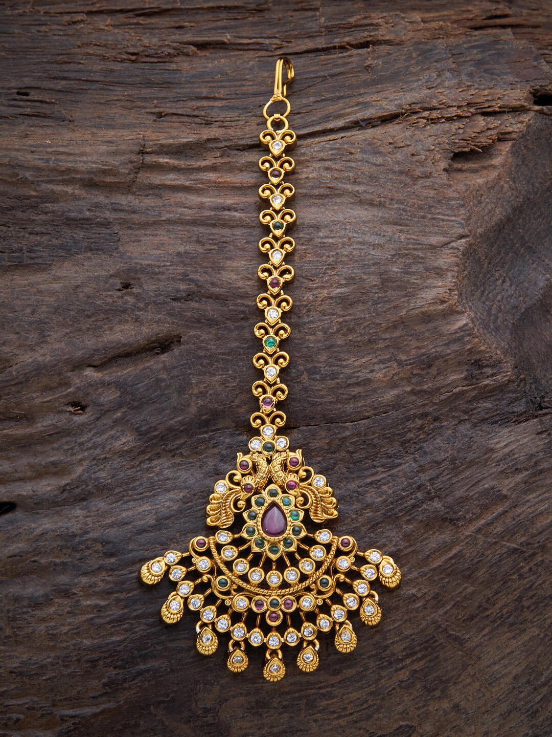 

Kushal's Fashion Jewellery Gold-Toned & Green Stone-Studded Maang Tikka