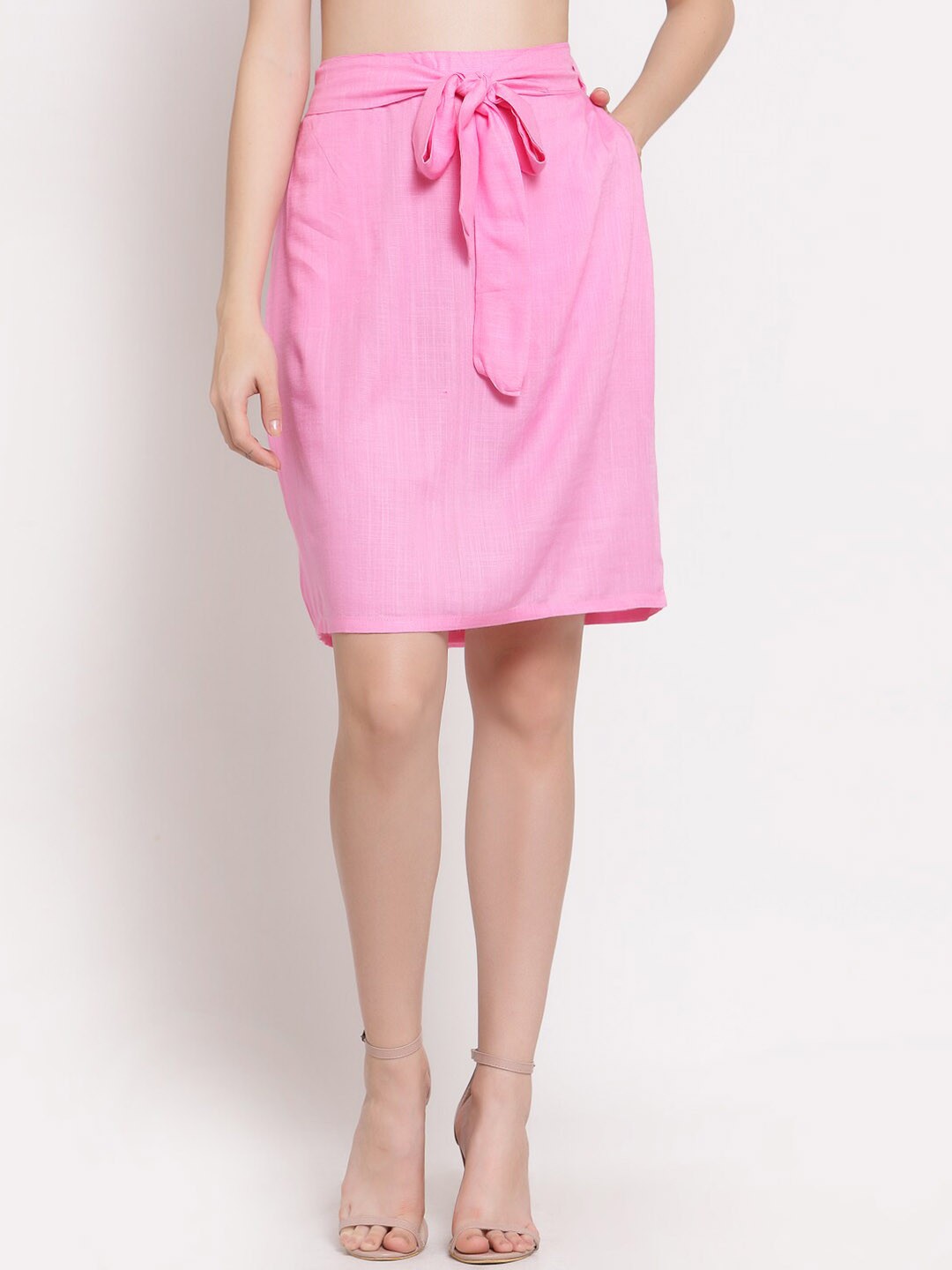 

PATRORNA Women Plus Size Pink Solid Straight Above Knee Length Skirt