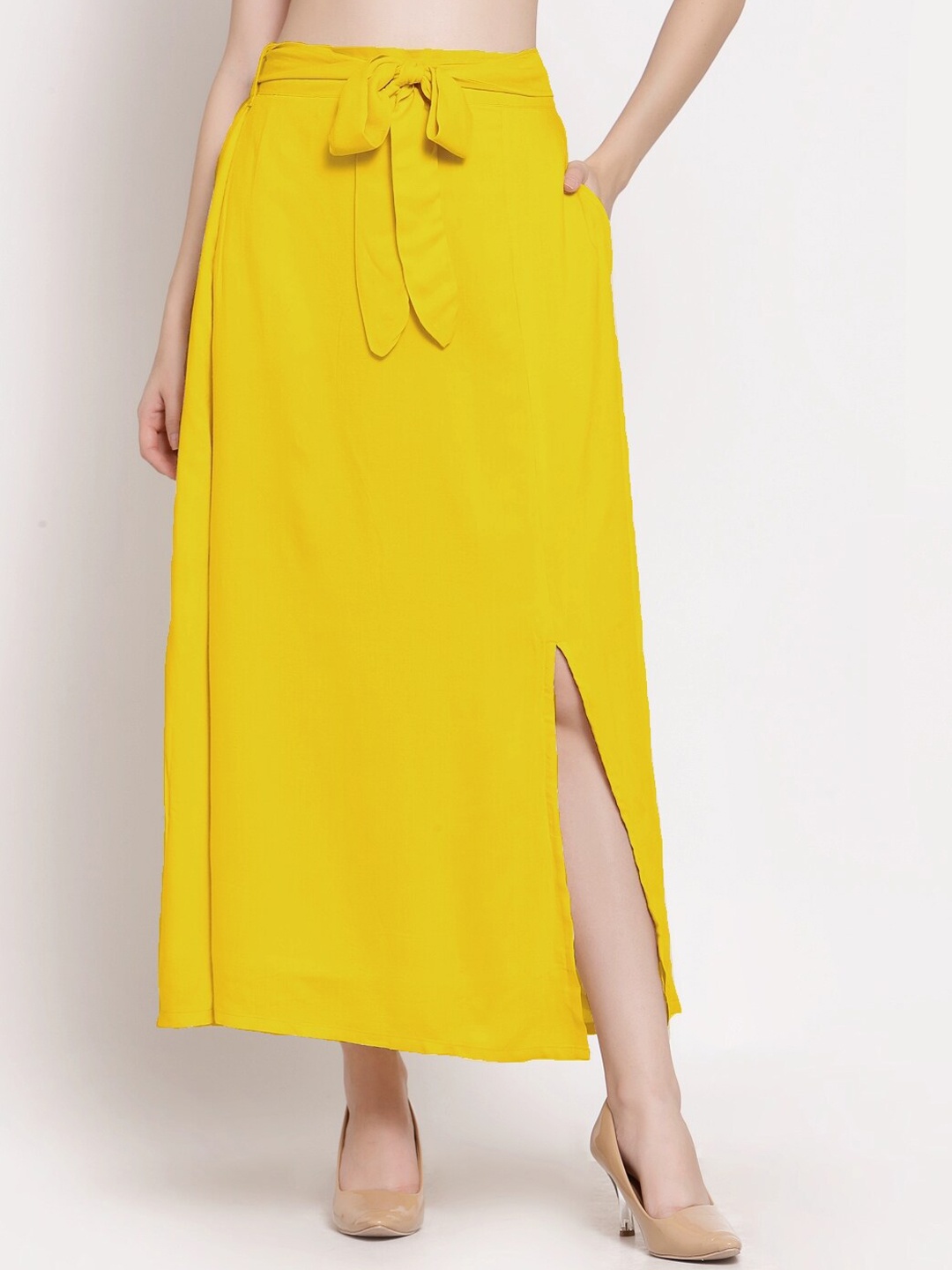 

PATRORNA Women Plus Size Yellow Solid A-Line Maxi Skirt