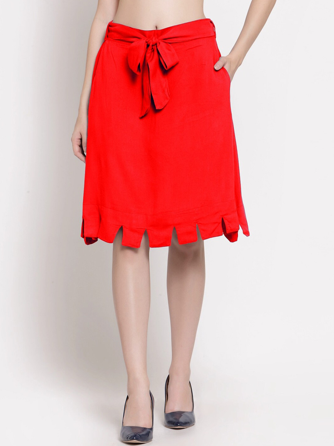 

PATRORNA Women Plus Size Red Solid Knee-Length Straight Skirt