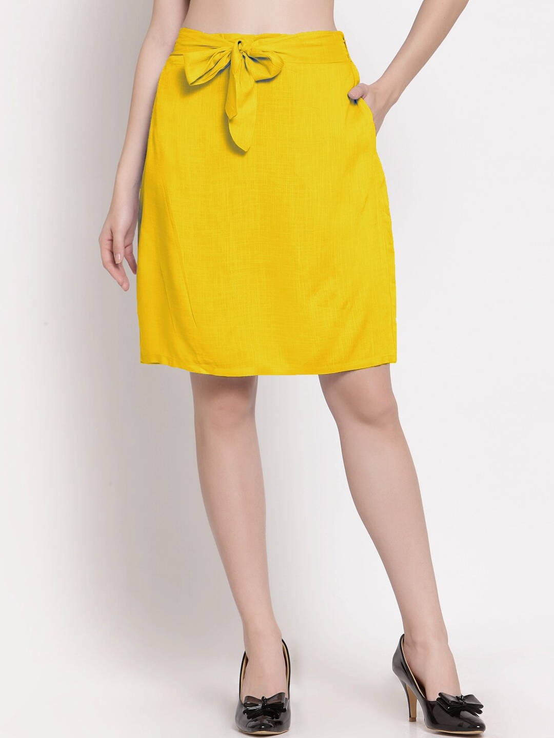 

PATRORNA Women Plus Size Mustard-Yellow Solid Straight Knee-Length Skirt