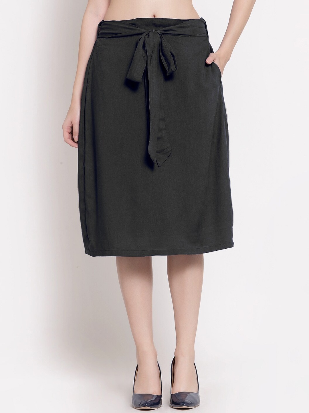 

PATRORNA Women Plus Size Black Solid A-Line Midi Skirt