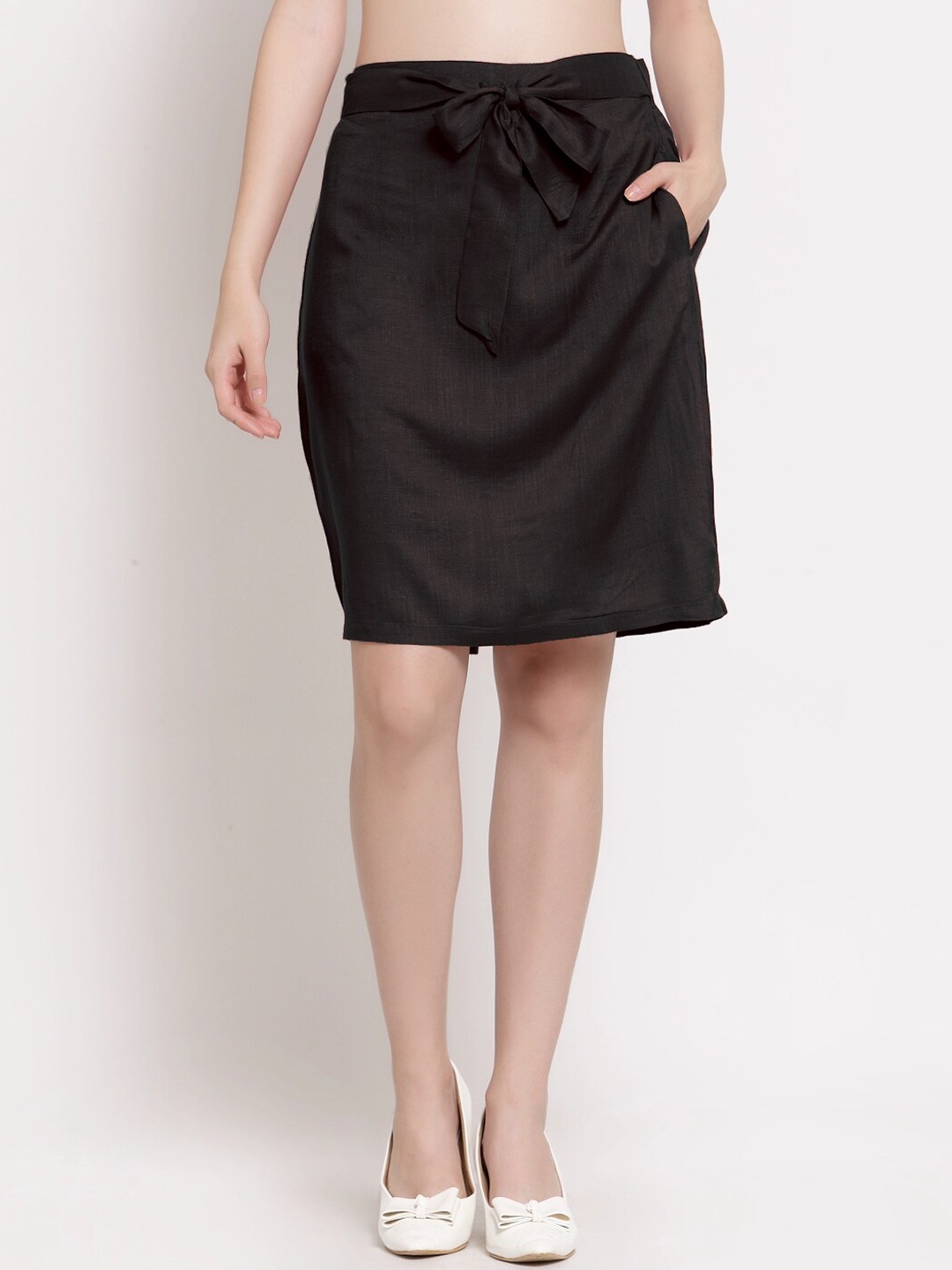 

PATRORNA Women Plus Size Black Solid Above Knee-Length Pencil Skirts
