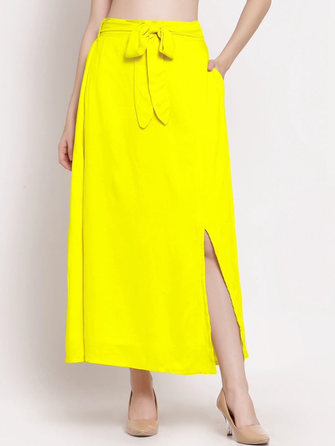 

PATRORNA Women Plus Size Yellow Solid Maxi-Length Skirt