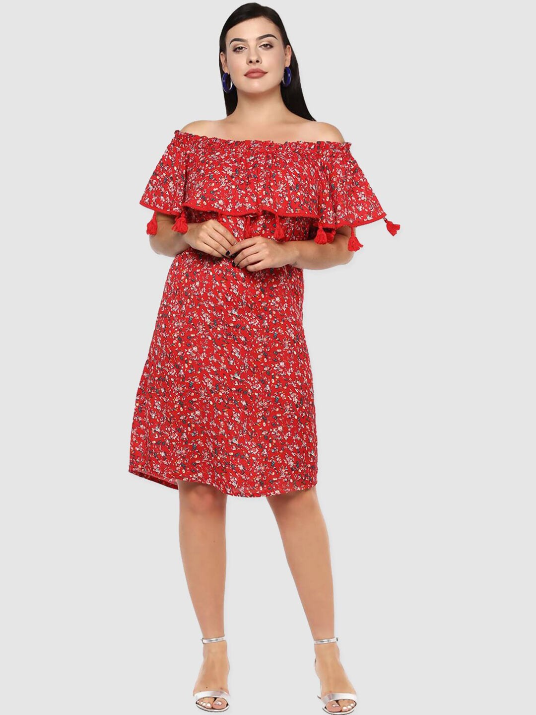 

LastInch Red Floral Printed Off-Shoulder Dress