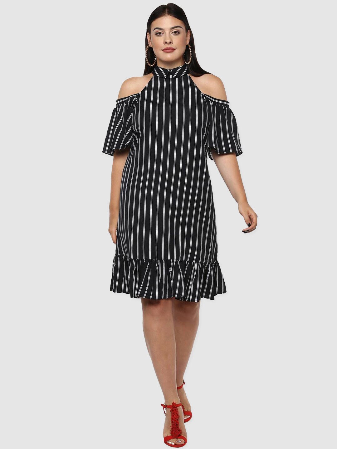 

LastInch Black Striped Cold Shoulder Dress