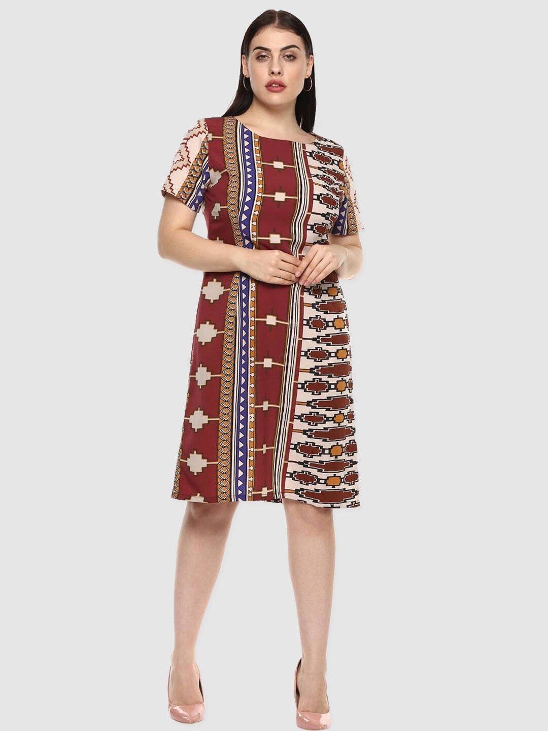 

LastInch Maroon Geometric Print A-Line Dress