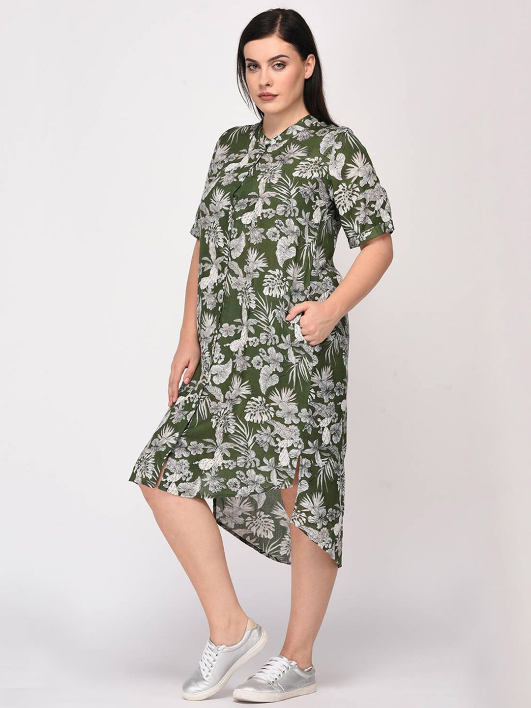 

LastInch Green Floral Printed Shirt Dress