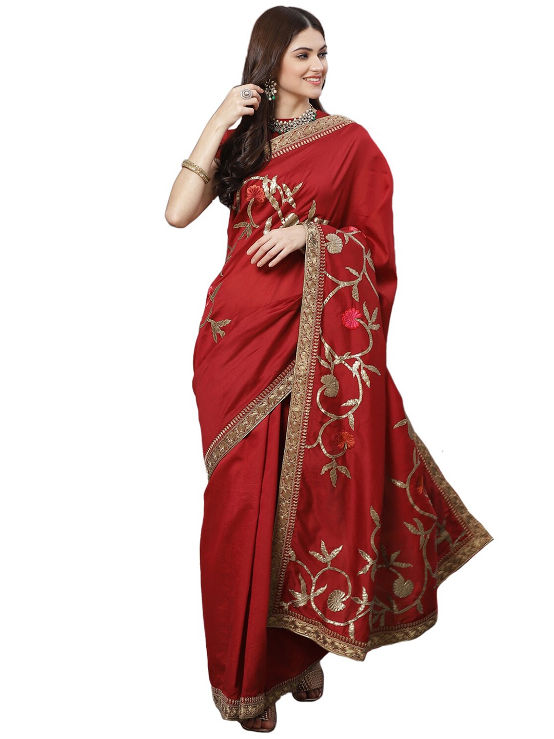 

Biba by Rohit Bal Maroon & Gold-Toned Floral Embroidered Silk Blend Chanderi Saree