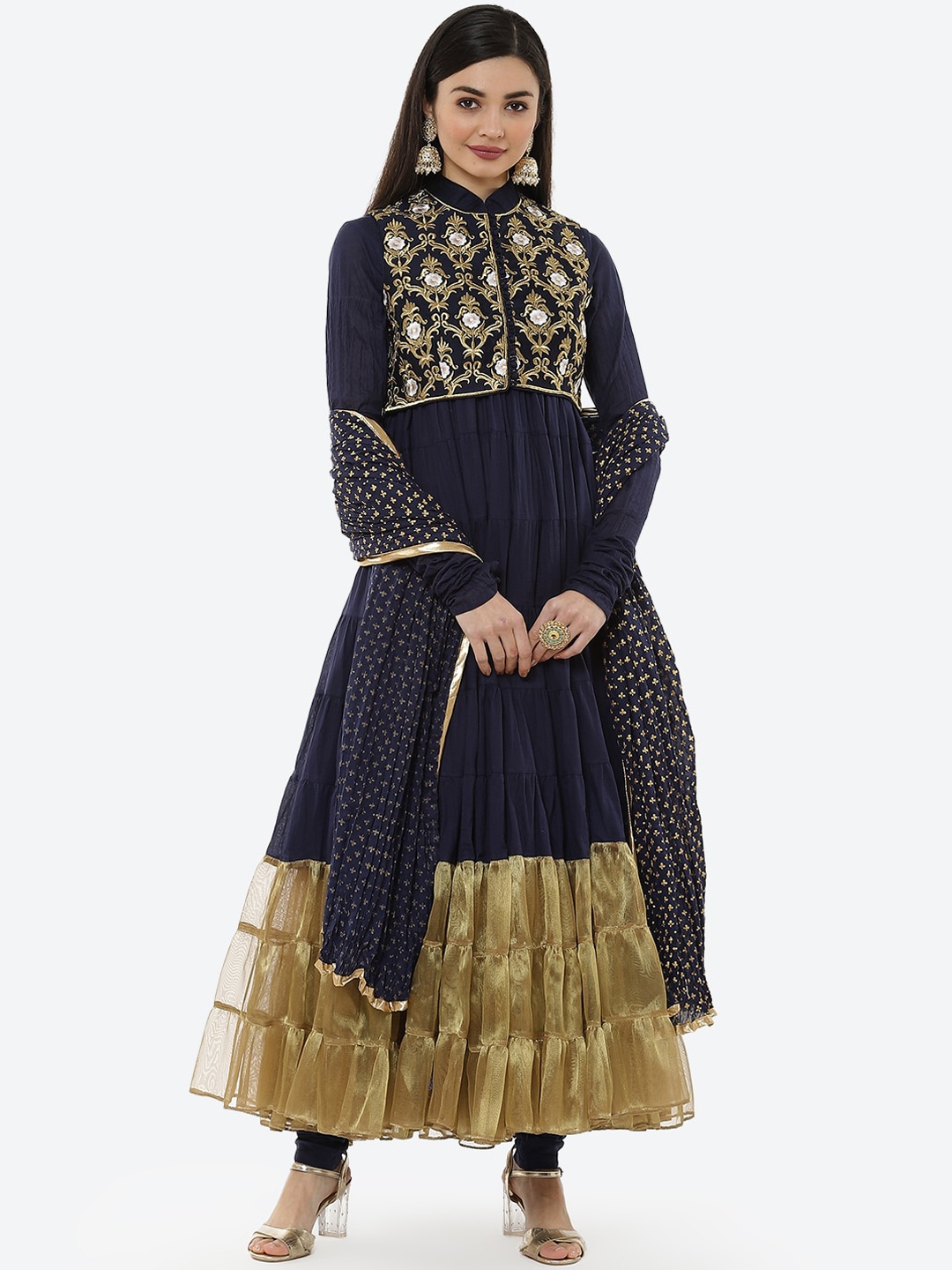 

Biba by Rohit Bal by Rohit Bal Navy Blue & Yellow Ethnic Motifs Printed Kurta with Trousers & Dupatta