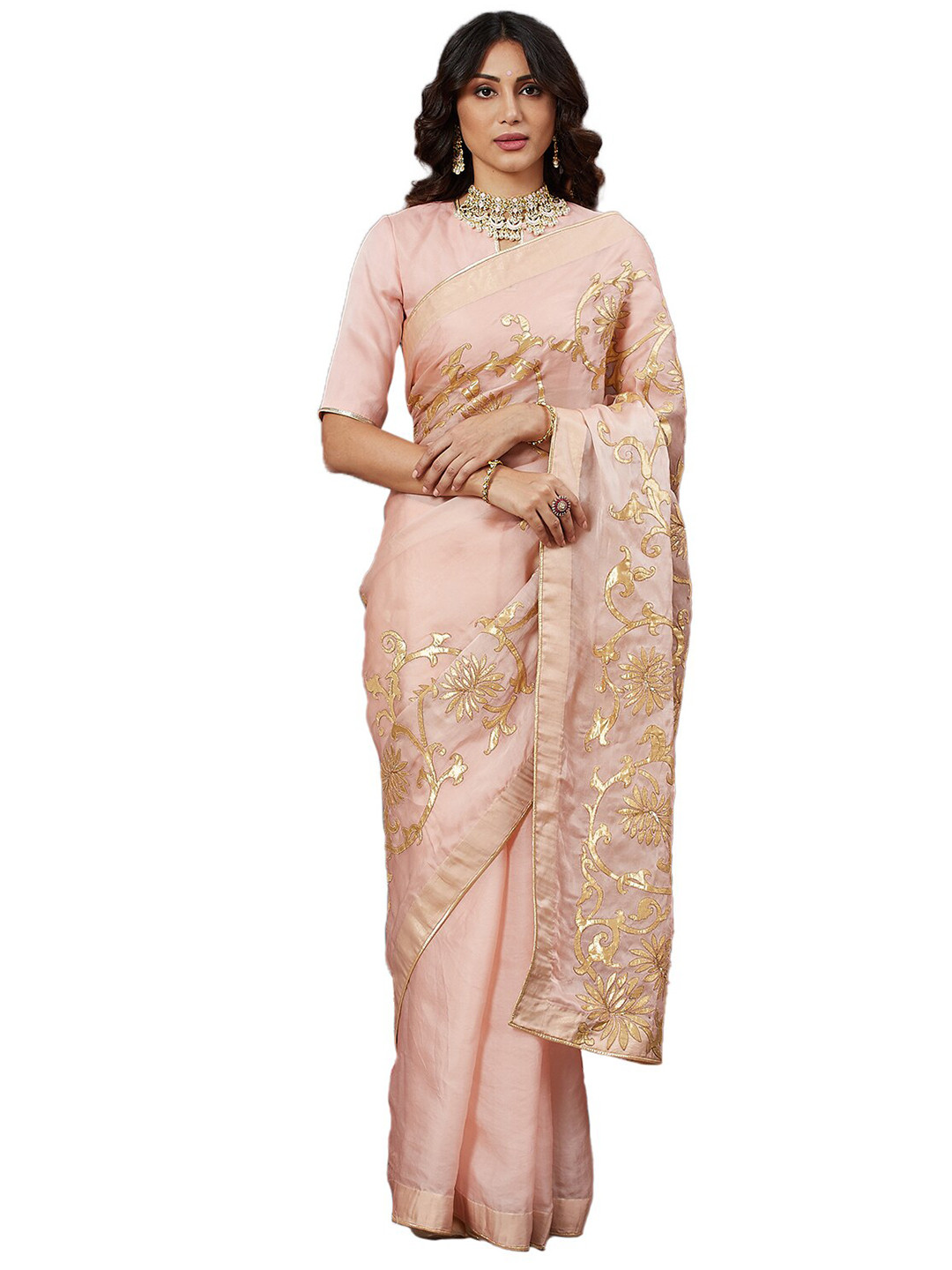 

Biba by Rohit Bal Rose Gold Ethnic Motifs Mukaish Silk Blend Chanderi Saree