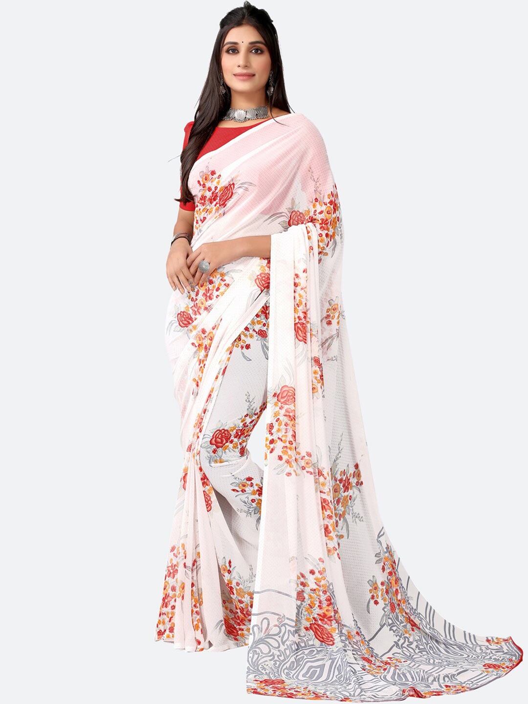 

KALINI White & Red Floral Saree