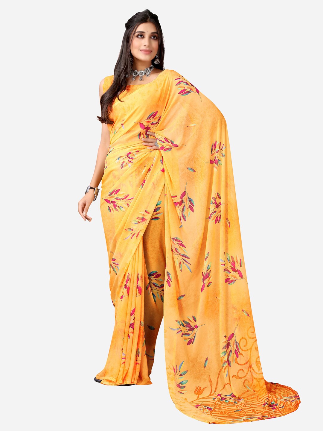 

KALINI Orange & Pink Floral Poly Georgette Saree