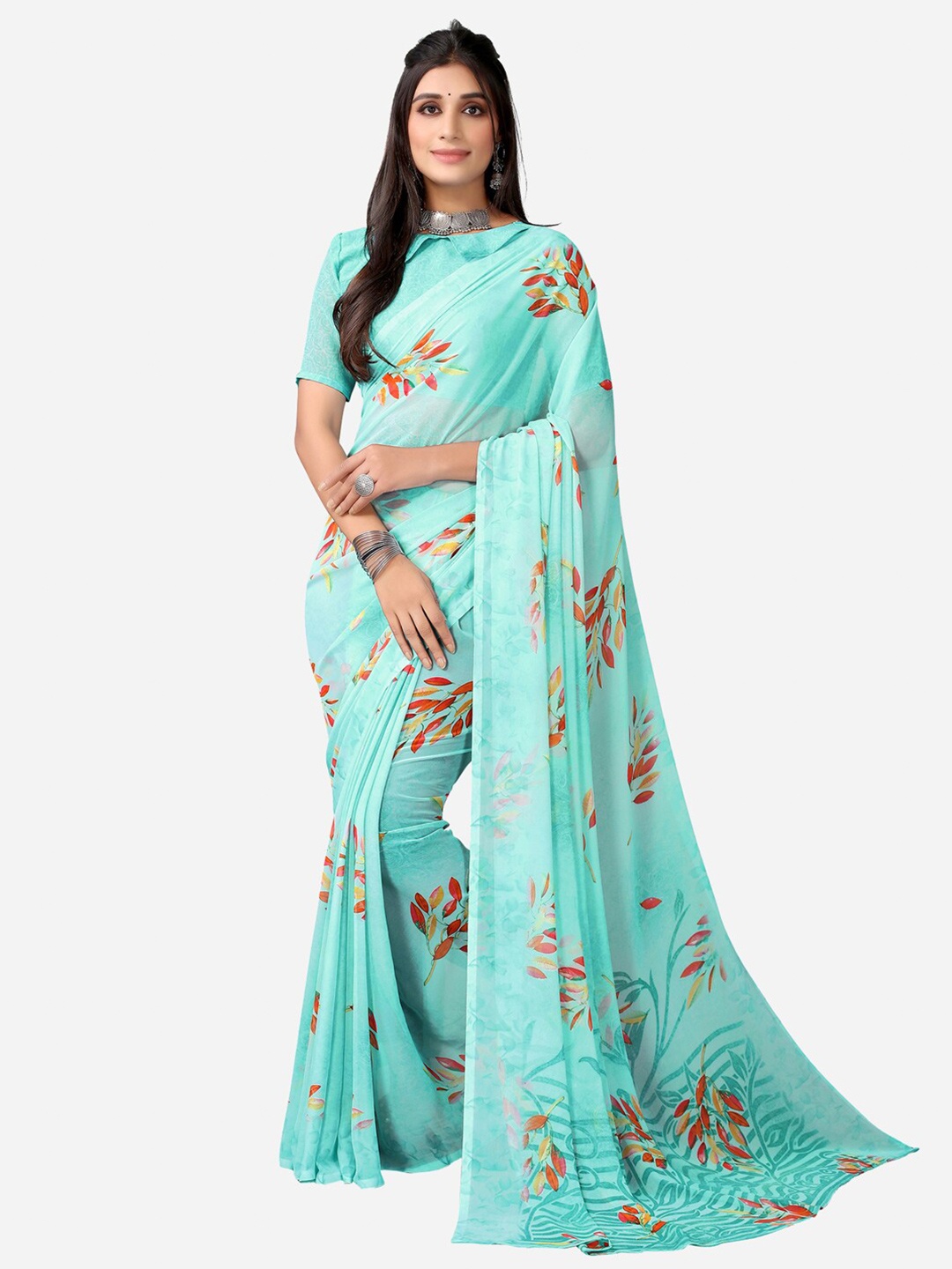 

KALINI Turquoise Blue & Red Floral Saree