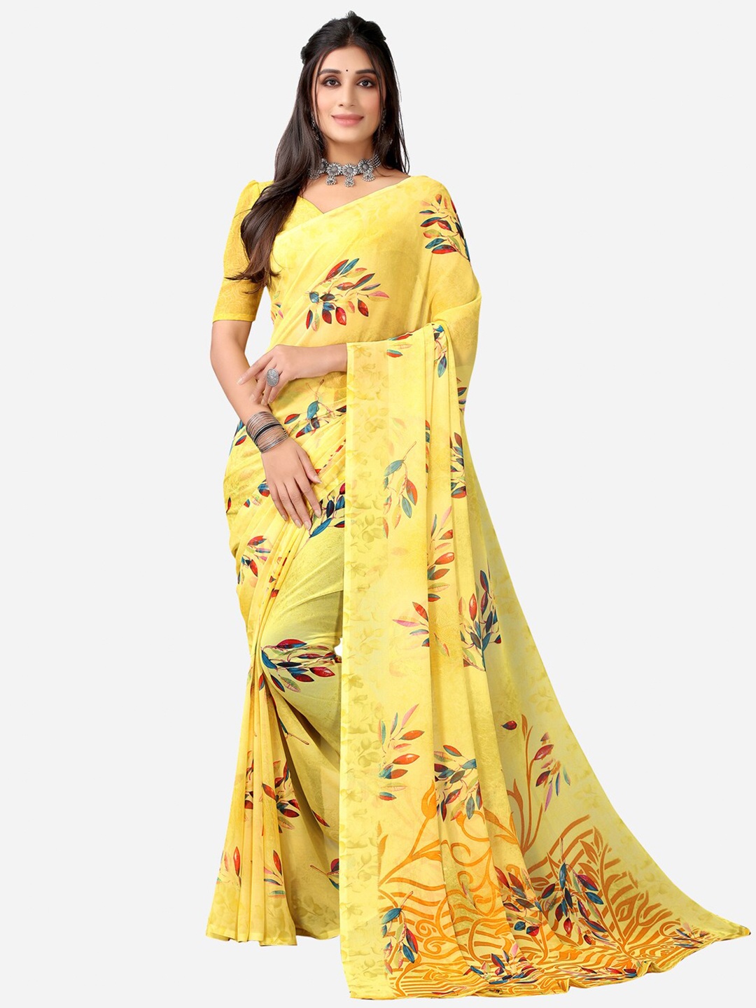 

KALINI Yellow & Orange Floral Printed Georgette Saree