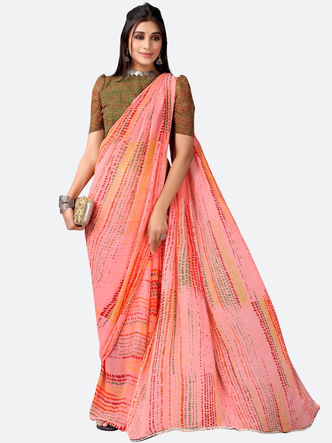 

KALINI Pink & Red Poly Georgette Saree